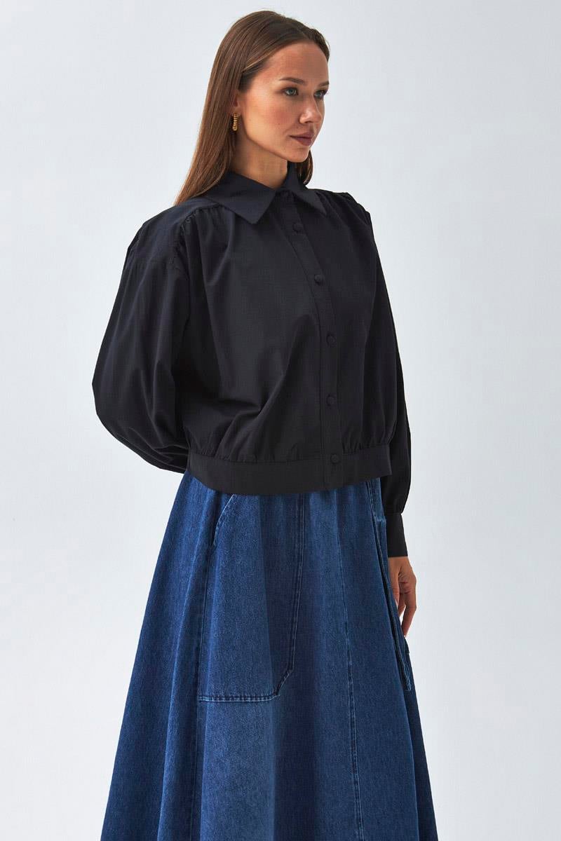 Omuzdan Büzgülü Poplin Gömlek Siyah