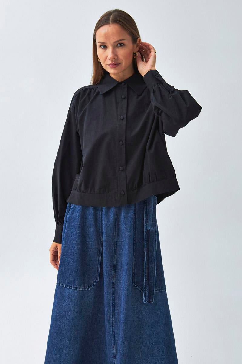 Omuzdan Büzgülü Poplin Gömlek Siyah