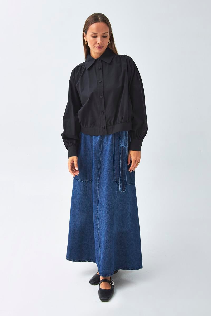 Omuzdan Büzgülü Poplin Gömlek Siyah