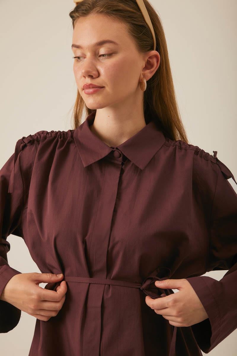 Omuzu Büzgü Detaylı Pantolon Takım Bordo