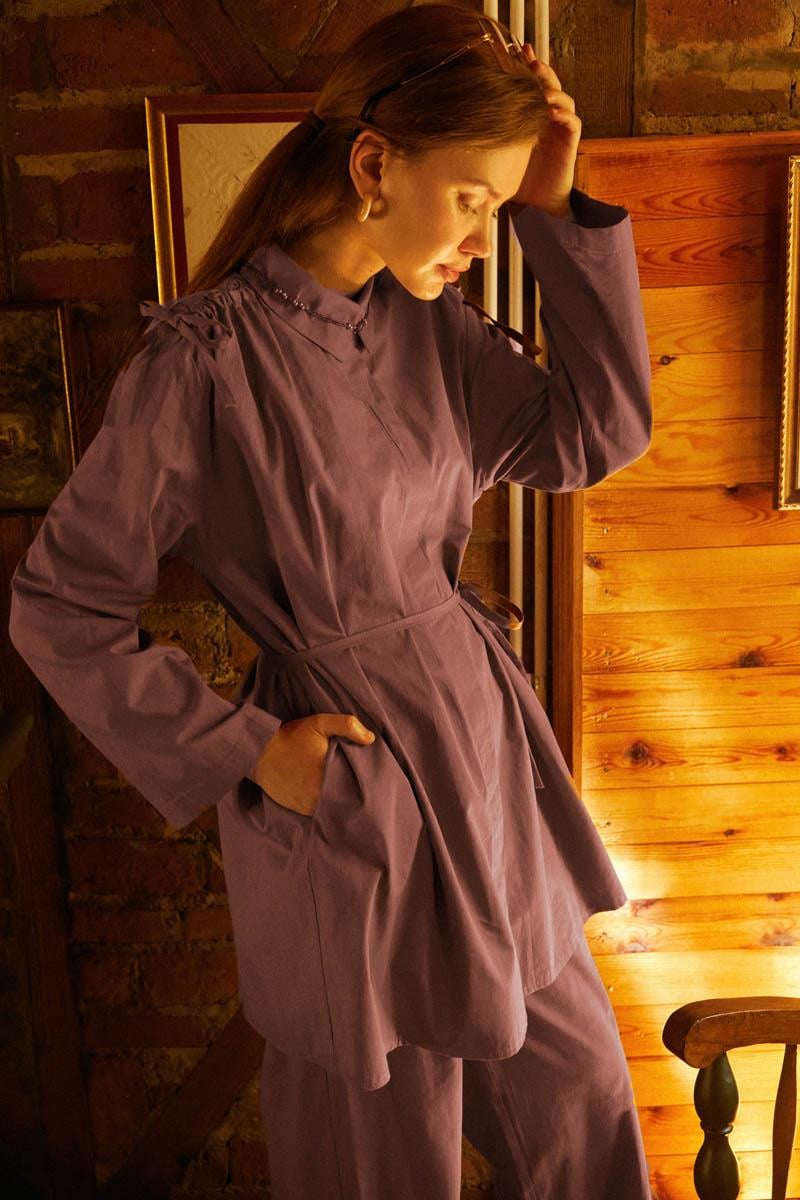 Omuzu Büzgü Detaylı Pantolon Takım Gül Kurusu