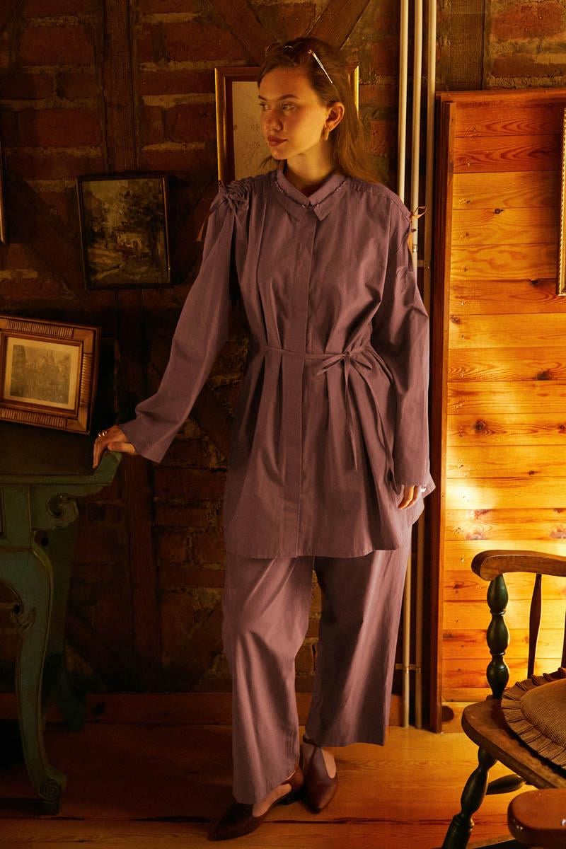 Omuzu Büzgü Detaylı Pantolon Takım Gül Kurusu