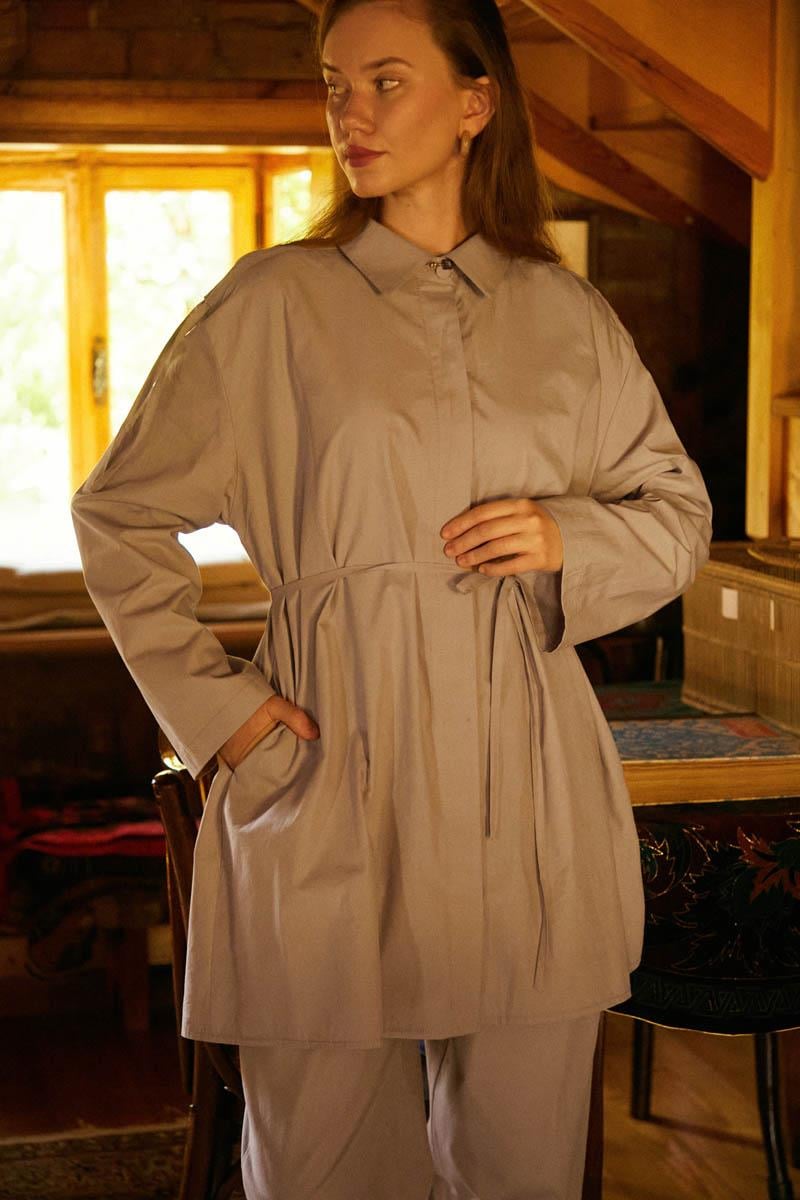 Omuzu Büzgü Detaylı Pantolon Takım Vizon