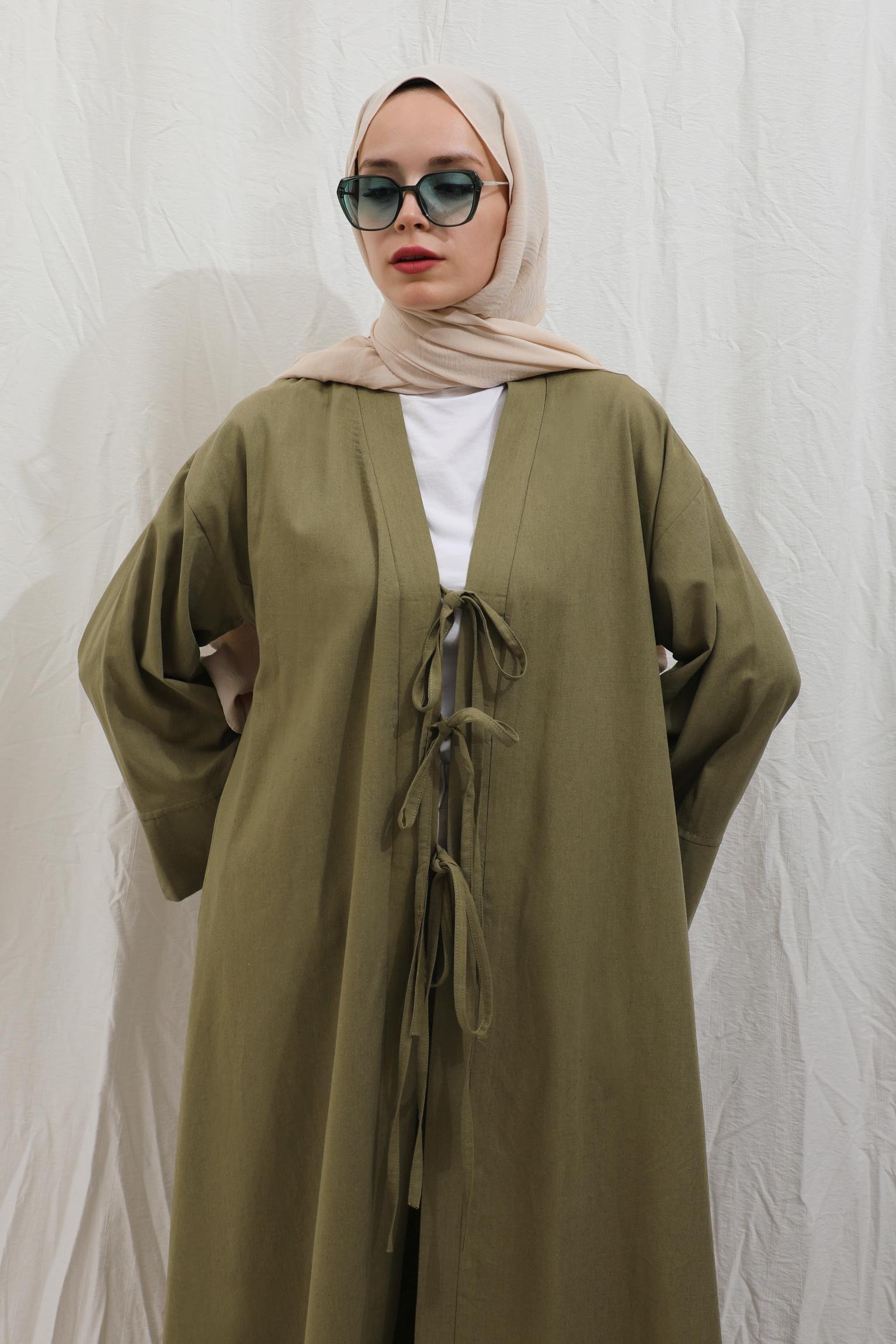 Önden Bağlamalı Abaya Haki