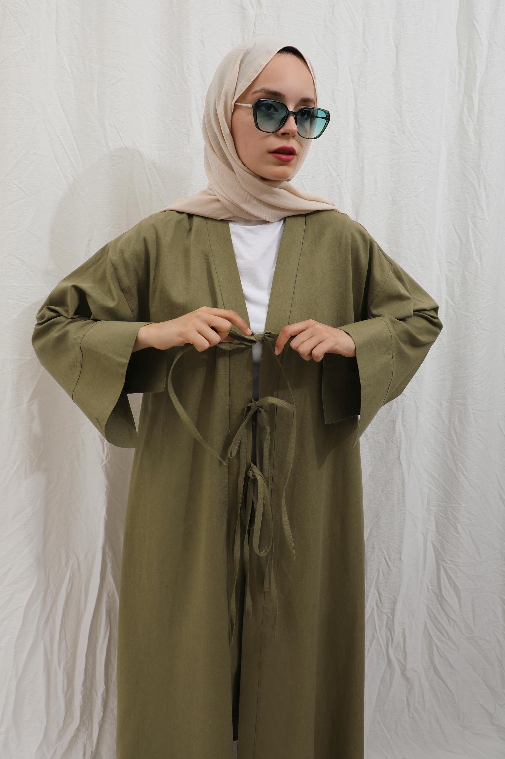 Önden Bağlamalı Abaya Haki