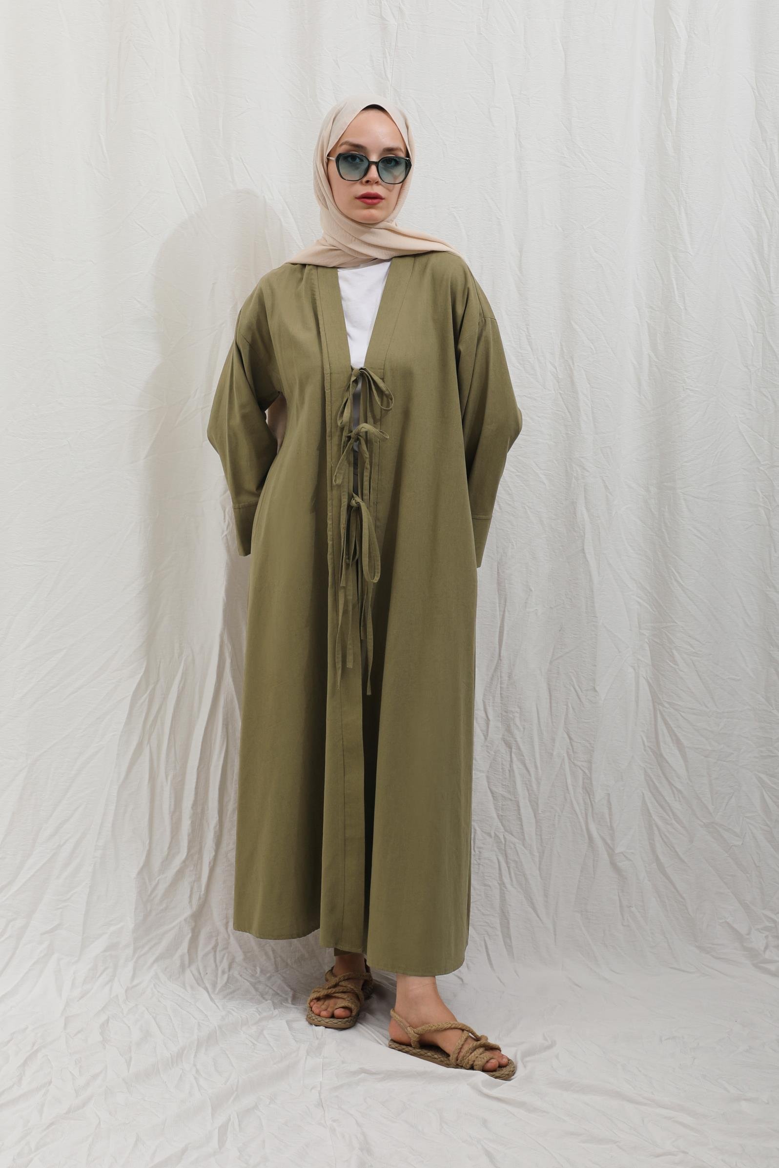 Önden Bağlamalı Abaya Haki