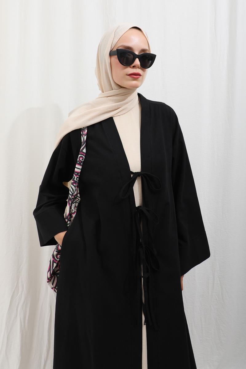 Önden Bağlamalı Abaya Siyah