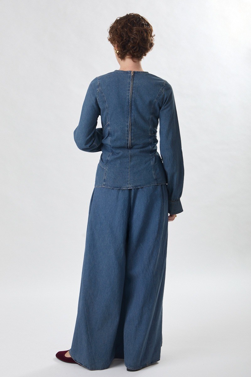 Önü Bağlamalı Denim Bluz Açık Mavi