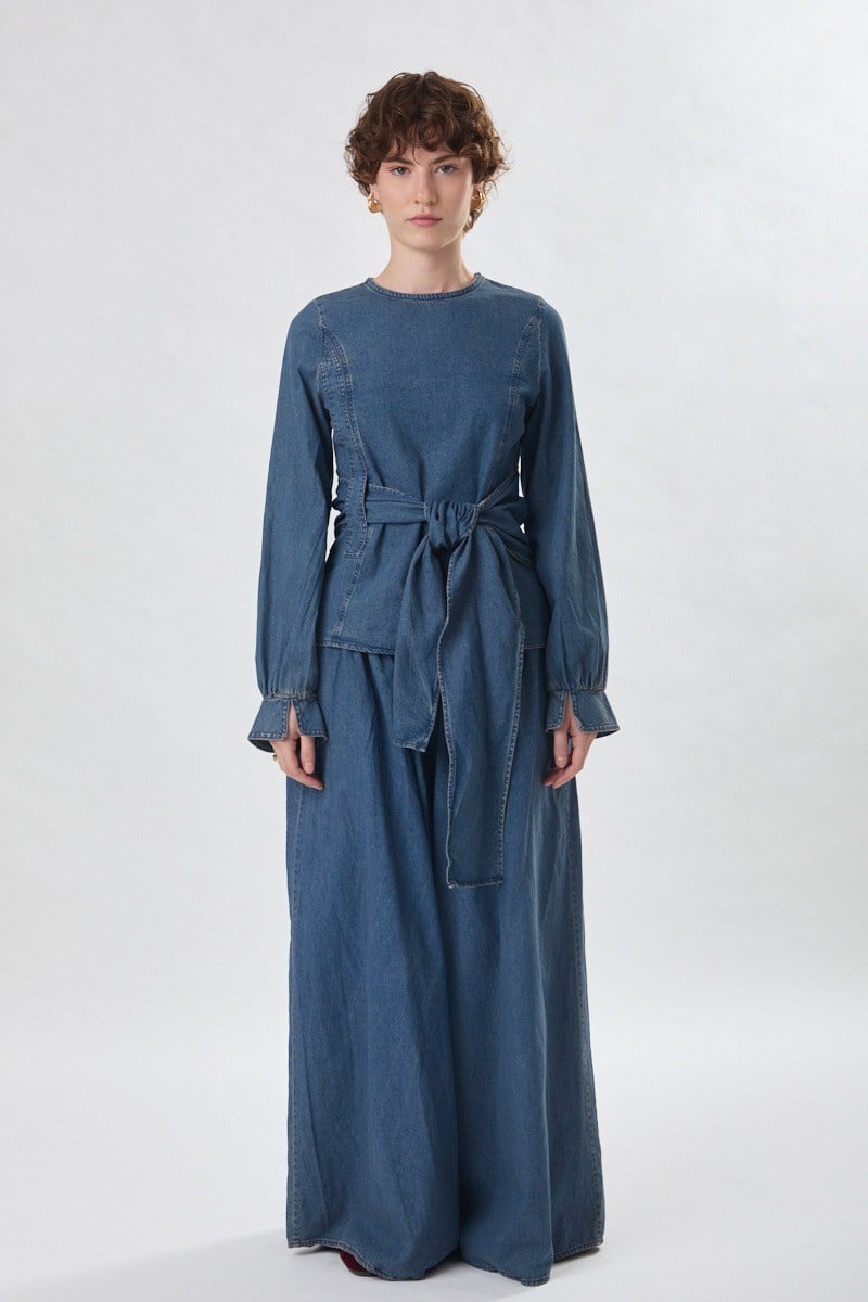 Önü Bağlamalı Denim Bluz Açık Mavi