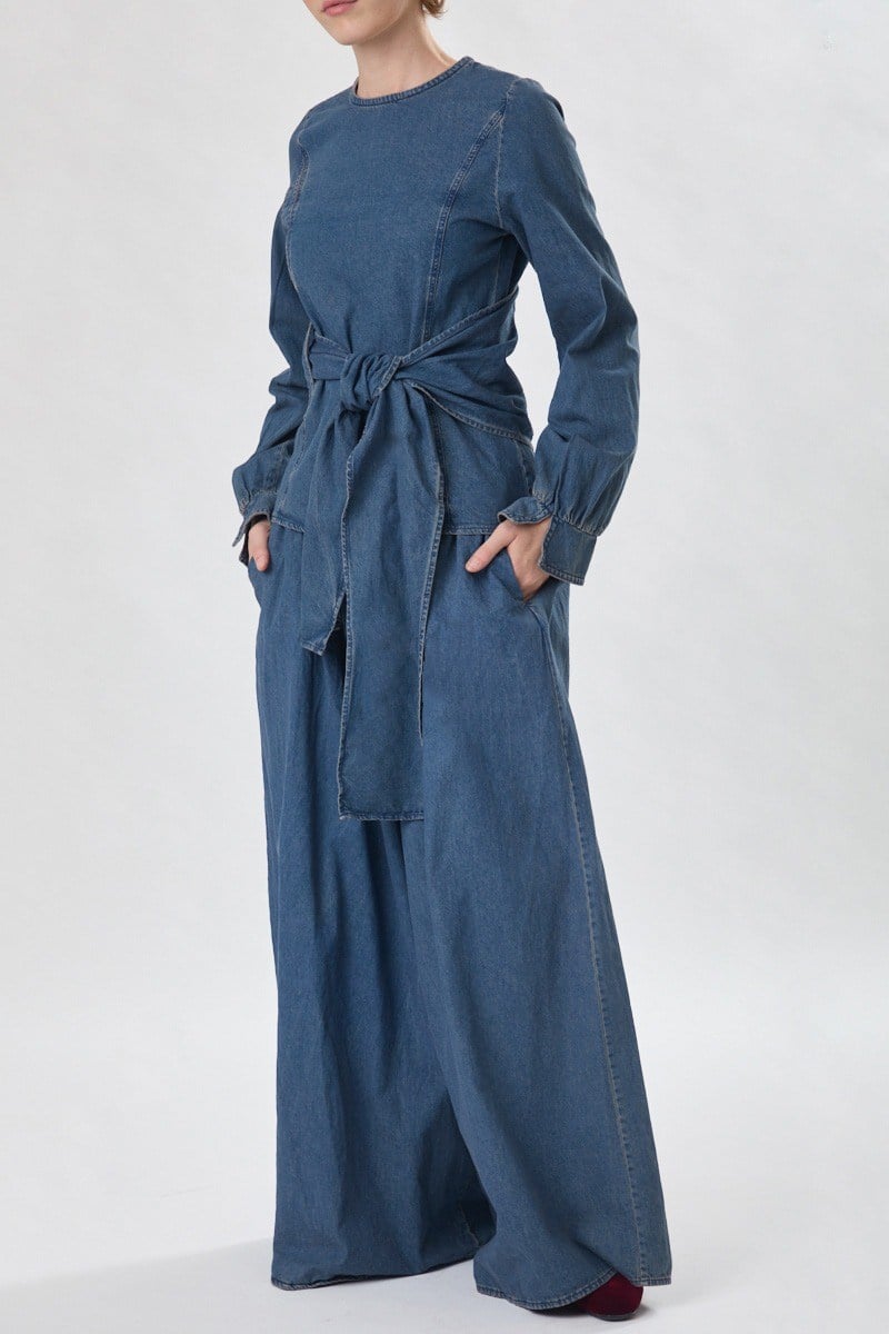 Önü Bağlamalı Denim Bluz Açık Mavi