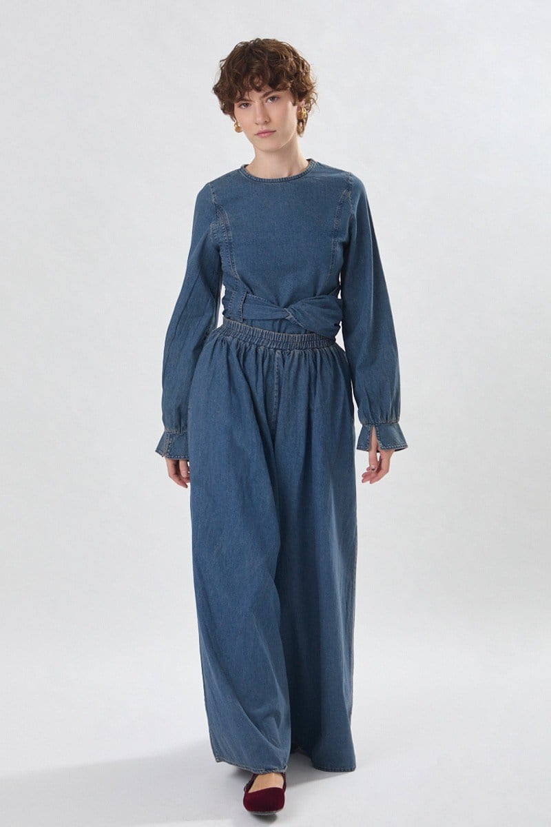 Önü Bağlamalı Denim Bluz Açık Mavi