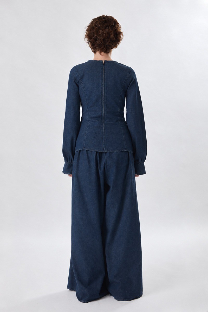 Önü Bağlamalı Denim Bluz Koyu Mavi