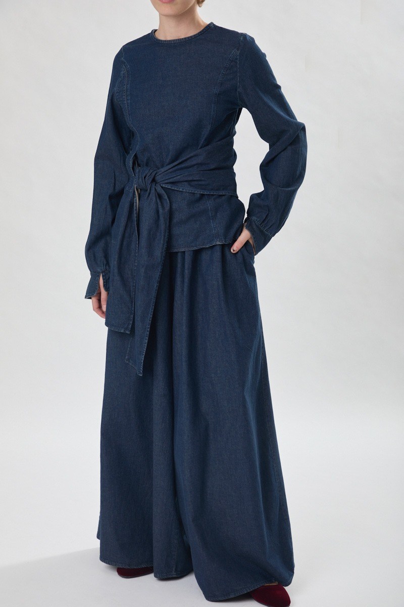 Önü Bağlamalı Denim Bluz Koyu Mavi