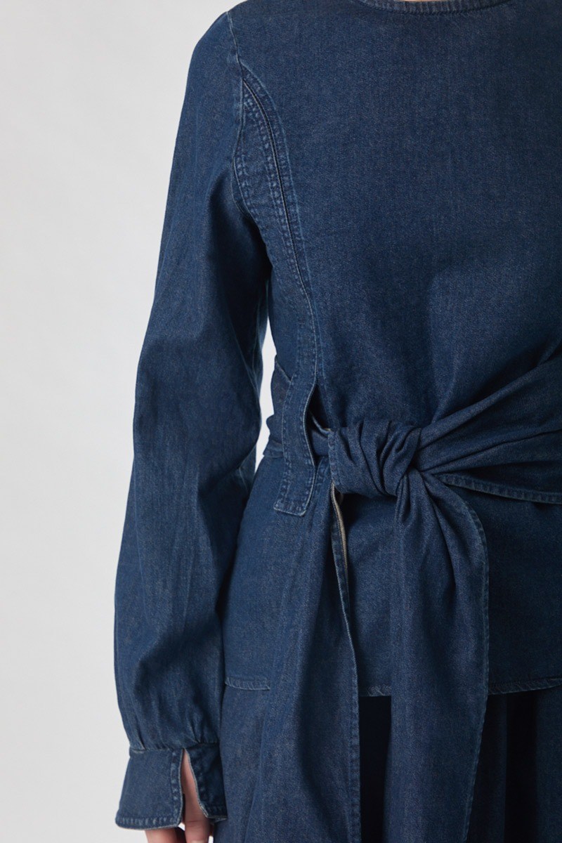 Önü Bağlamalı Denim Bluz Koyu Mavi