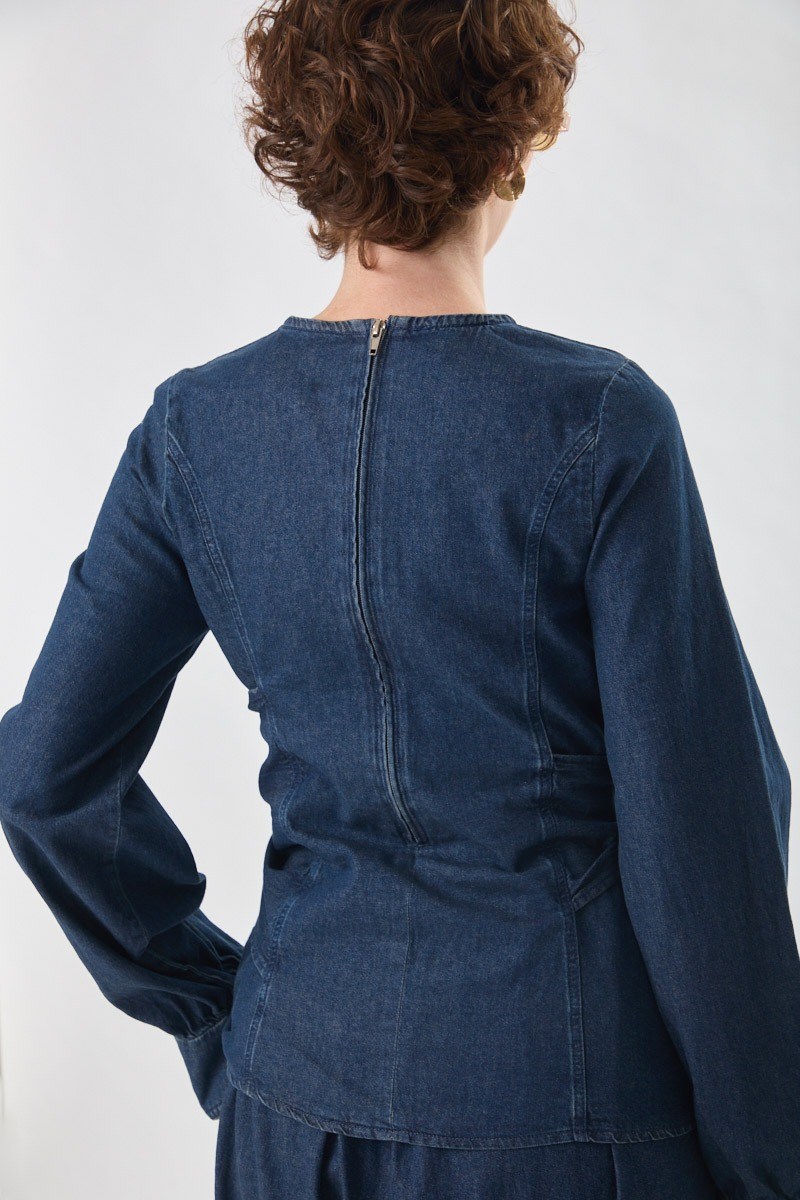 Önü Bağlamalı Denim Bluz Koyu Mavi