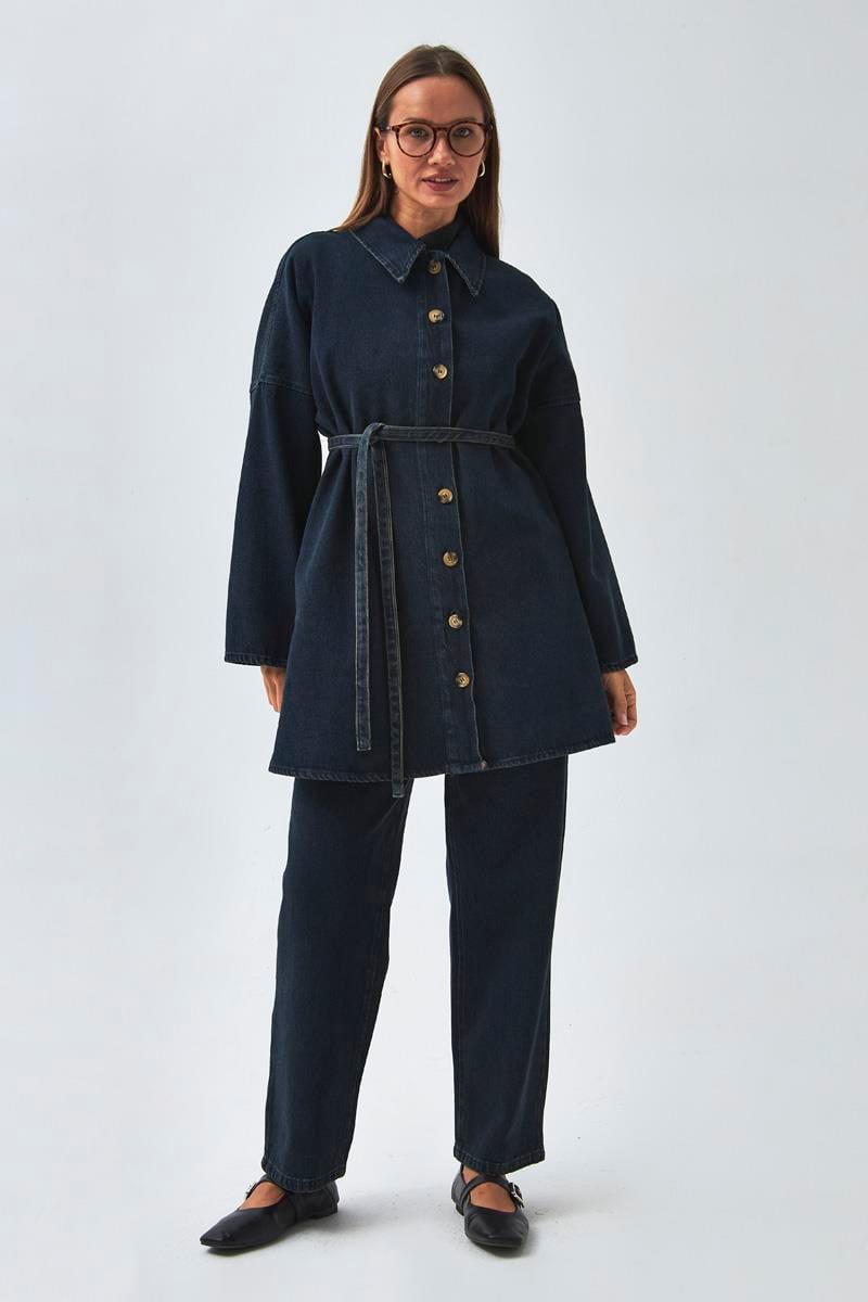 Oversize Denim Gömlek Koyu Mavi