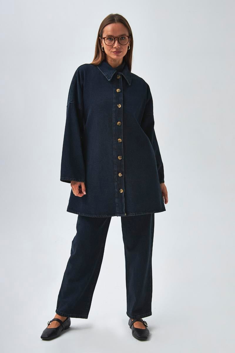 Oversize Denim Gömlek Koyu Mavi