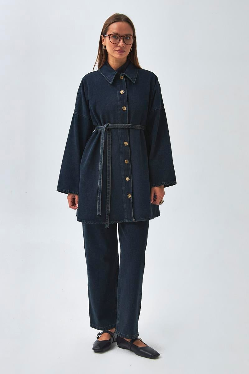 Oversize Denim Gömlek Koyu Mavi