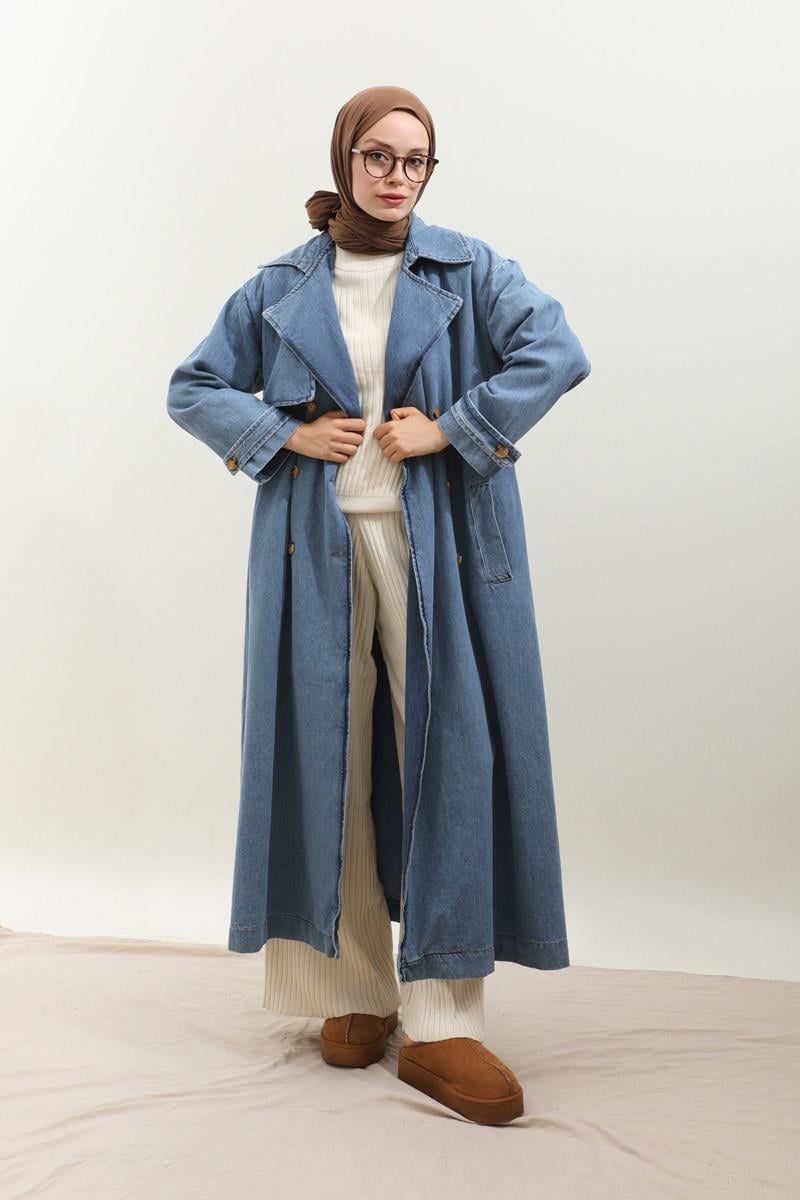 Oversize Denim Trençkot Açık Mavi