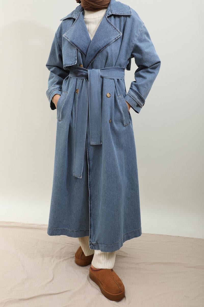 Oversize Denim Trençkot Açık Mavi