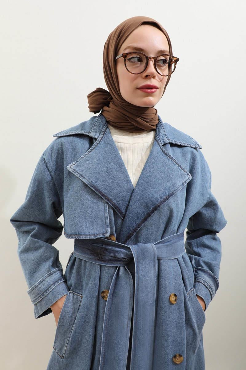 Oversize Denim Trençkot Açık Mavi