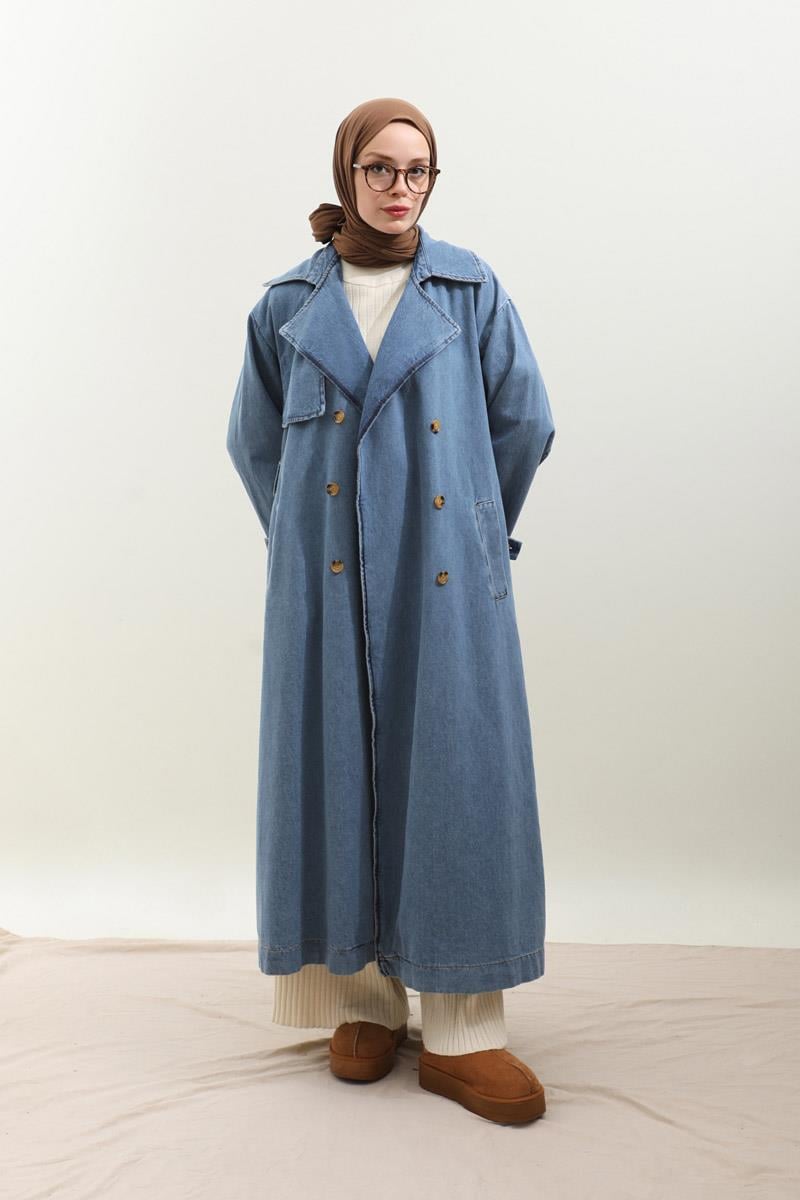 Oversize Denim Trençkot Açık Mavi