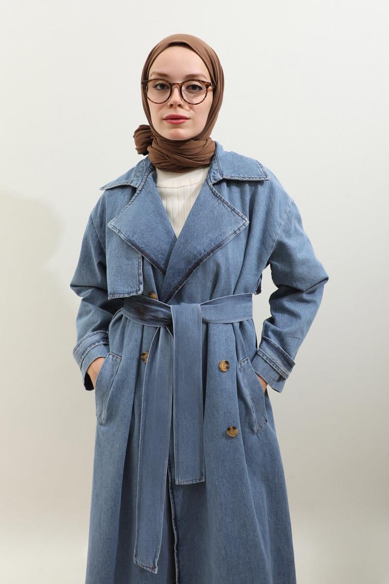 Oversize Denim Trençkot Açık Mavi