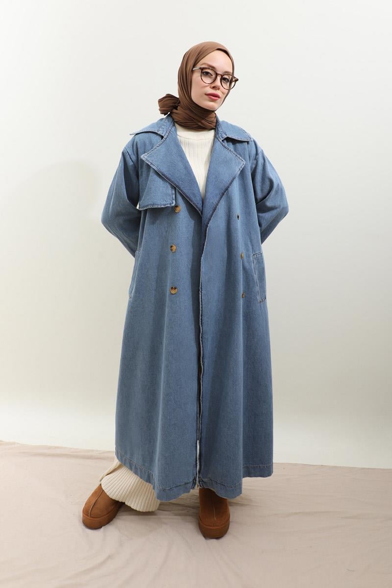 Oversize Denim Trençkot Açık Mavi