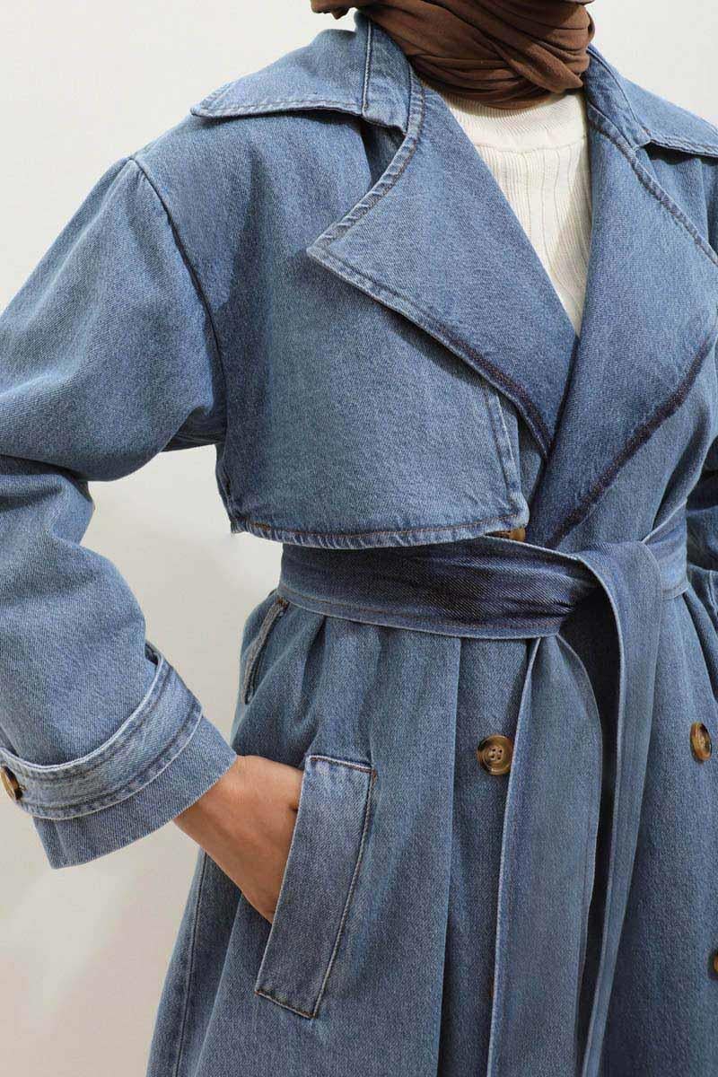 Oversize Denim Trençkot Açık Mavi