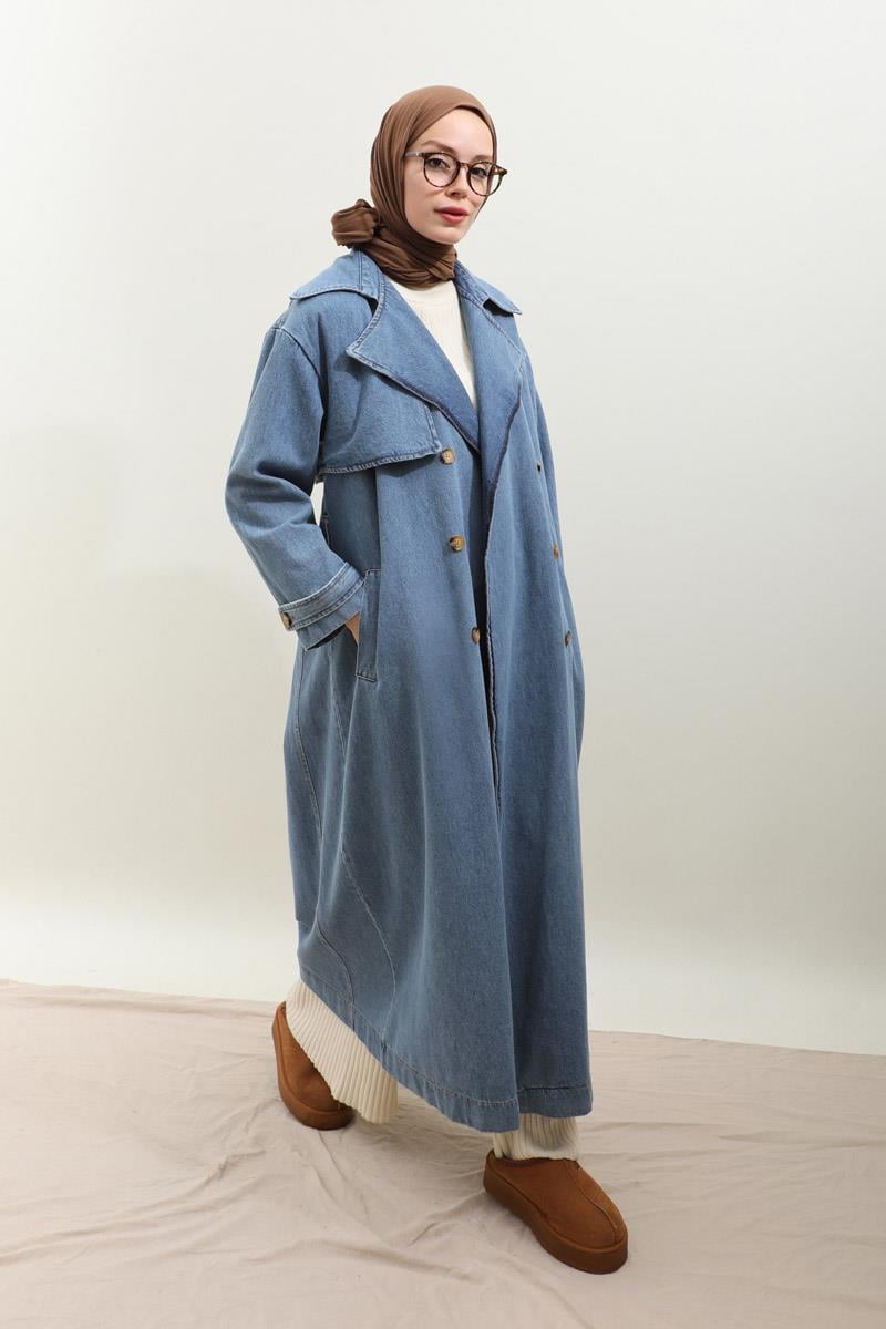 Oversize Denim Trençkot Açık Mavi