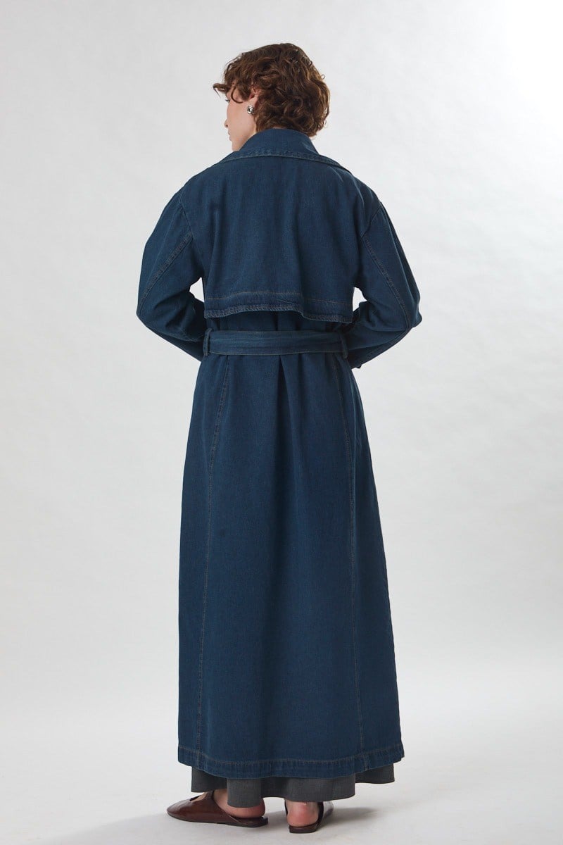 Oversize Denim Trençkot Koyu Mavi