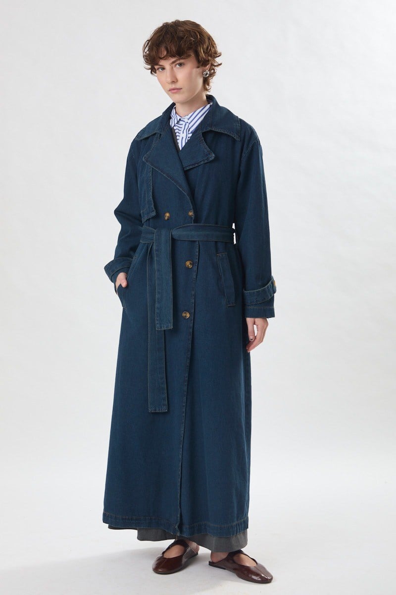 Oversize Denim Trençkot Koyu Mavi