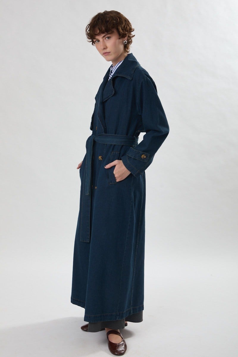 Oversize Denim Trençkot Koyu Mavi
