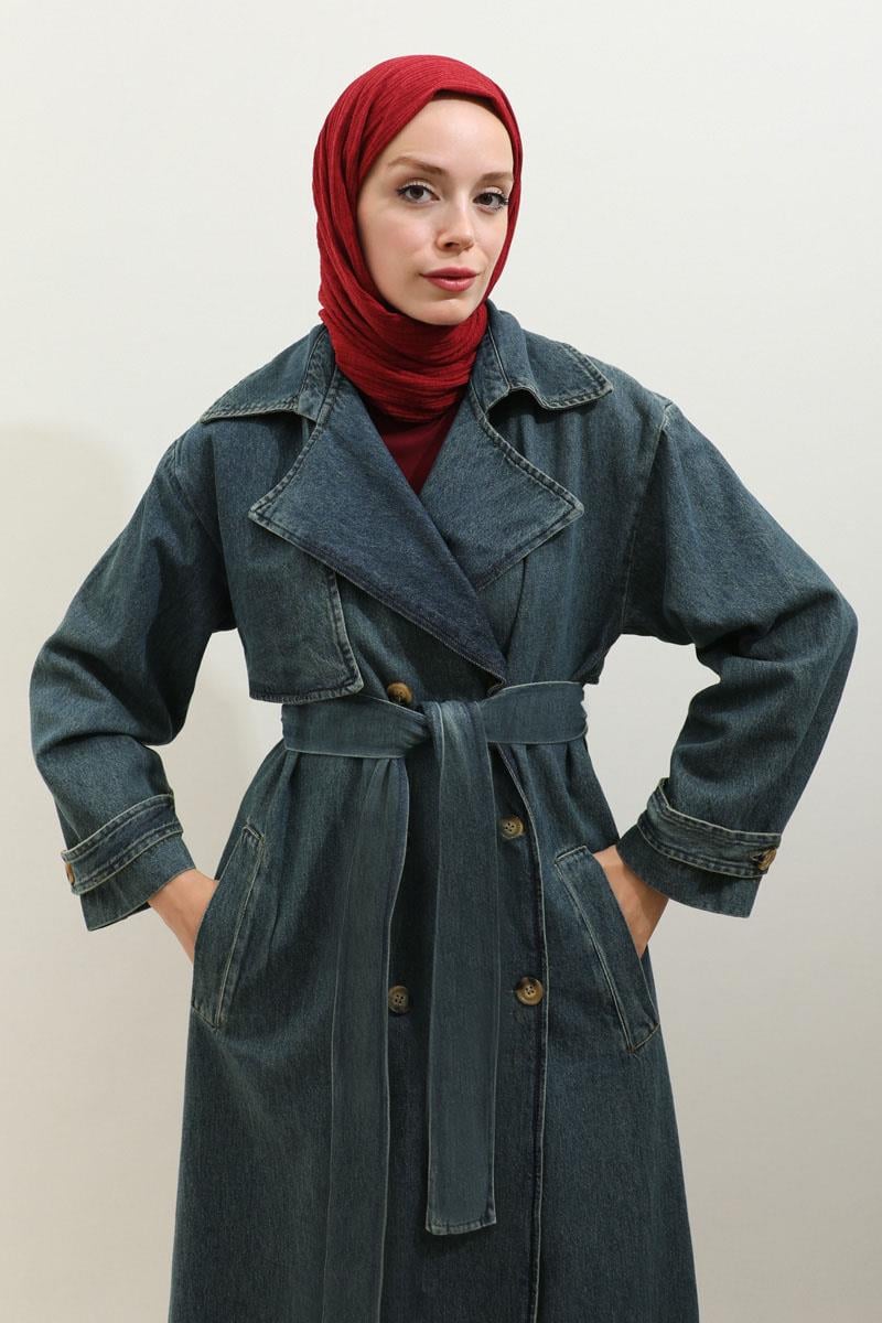 Oversize Denim Trençkot Koyu Mavi