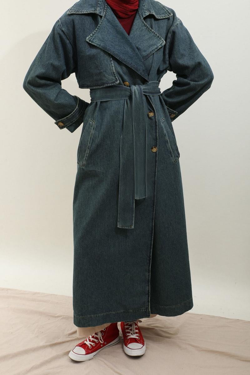 Oversize Denim Trençkot Koyu Mavi