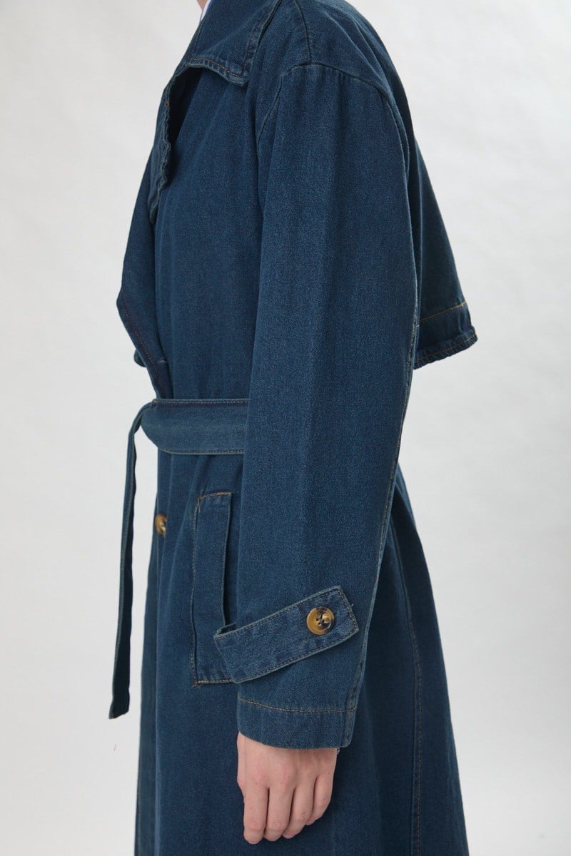 Oversize Denim Trençkot Koyu Mavi