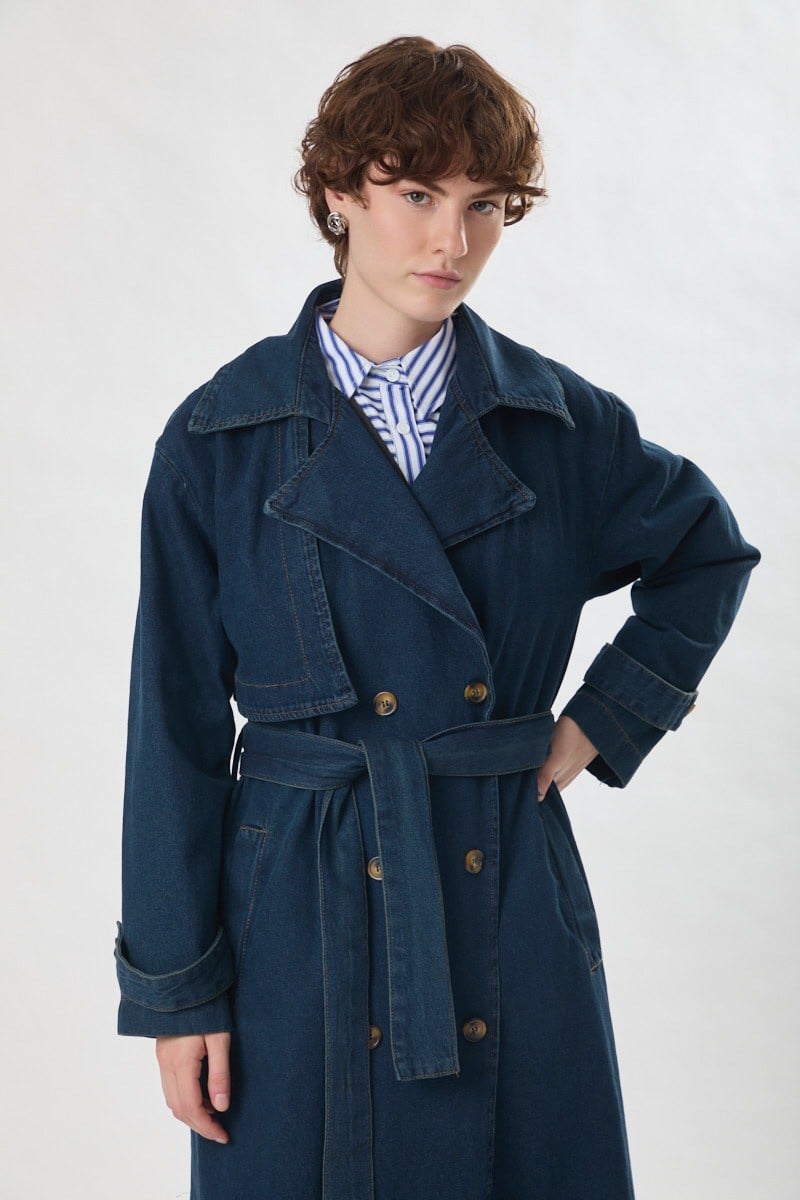 Oversize Denim Trençkot Koyu Mavi