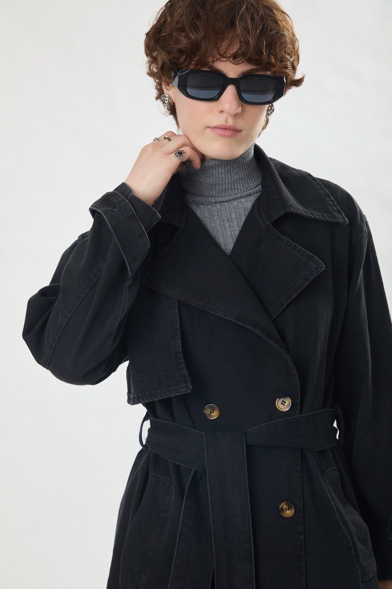 Oversize Denim Trençkot Siyah