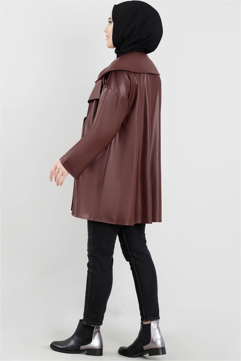 Oversize Deri Ceket Bordo