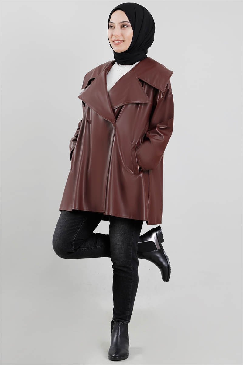 Oversize Deri Ceket Bordo