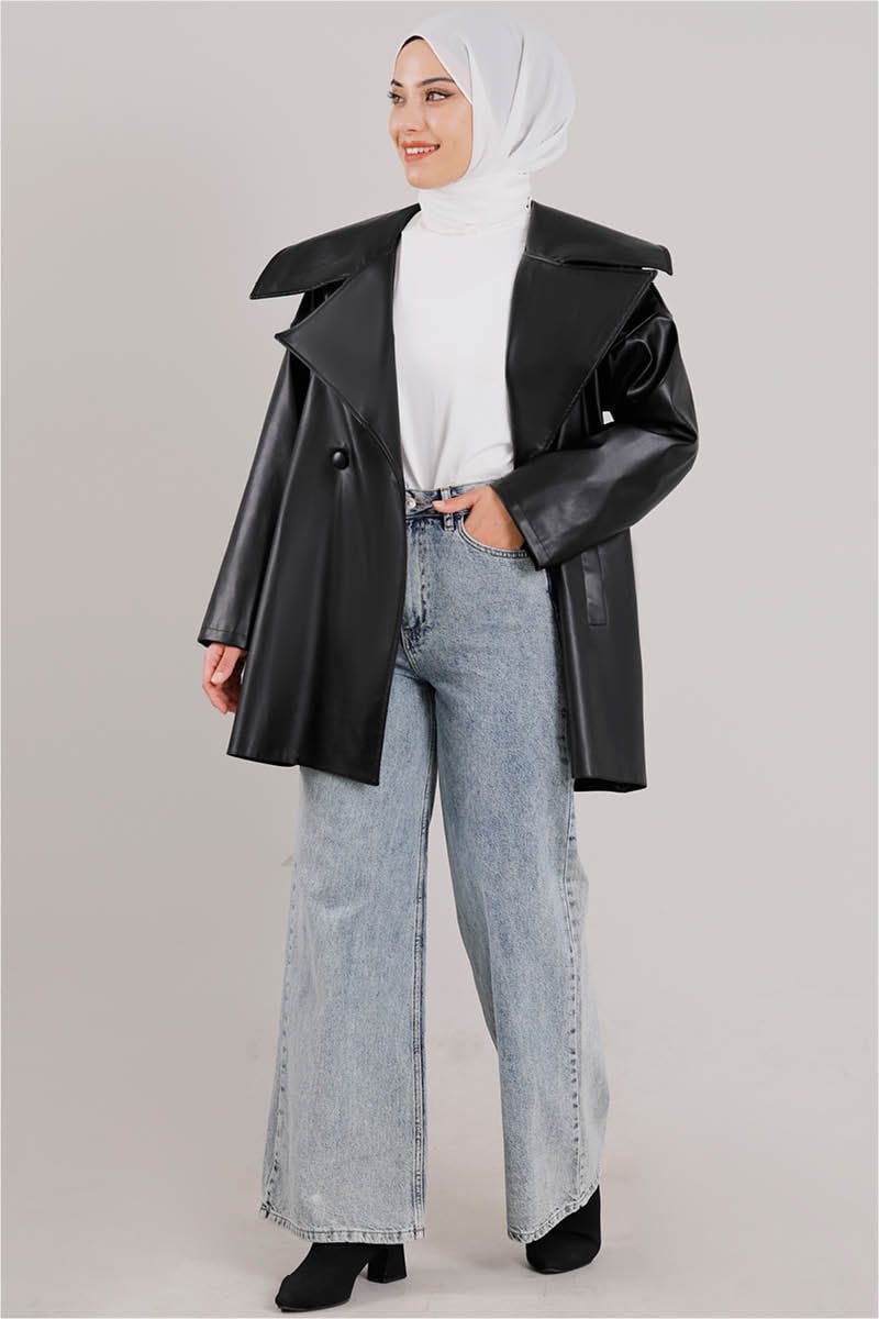 Oversize Deri Ceket Siyah