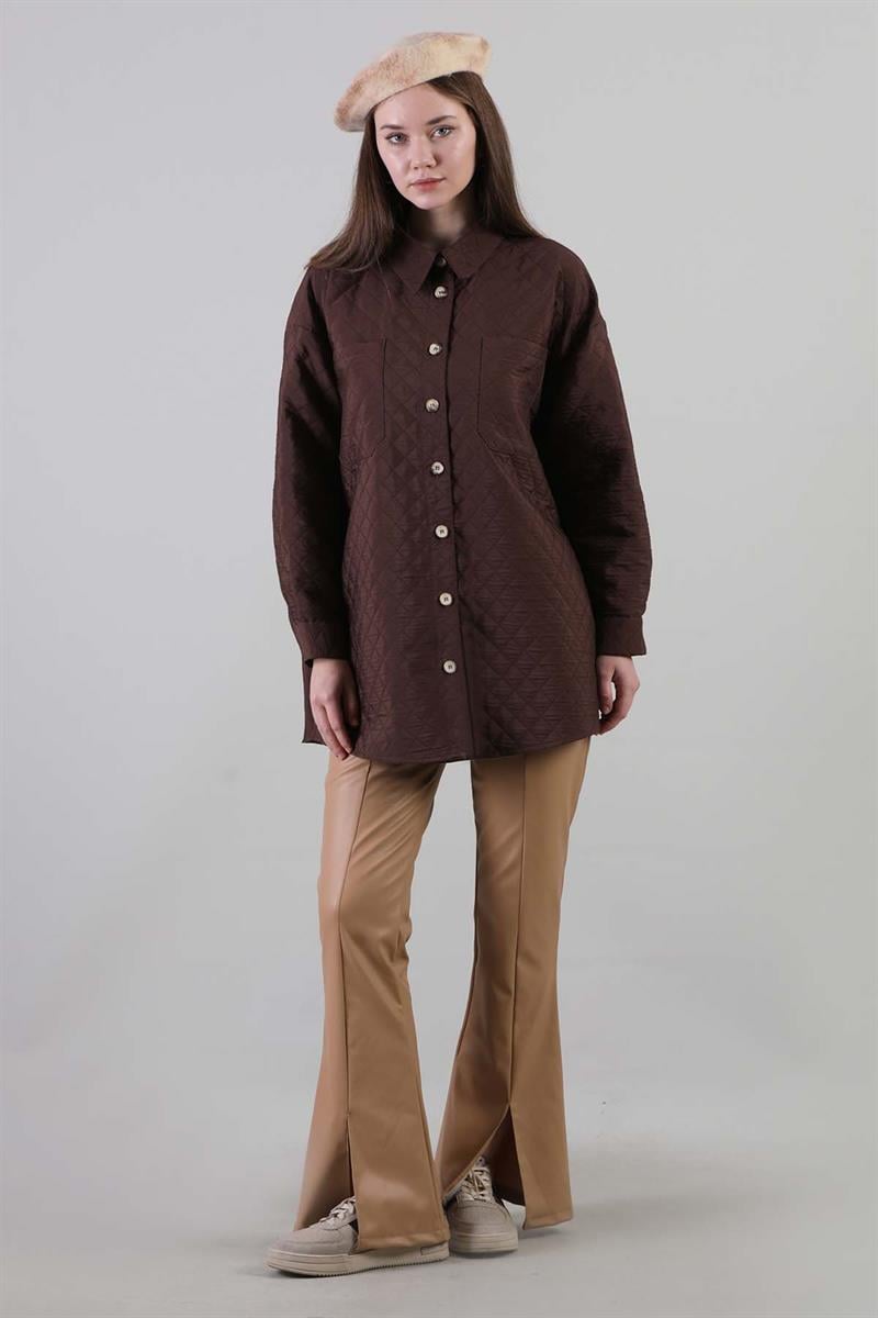 Oversize Kapitone Gömlek Kahve