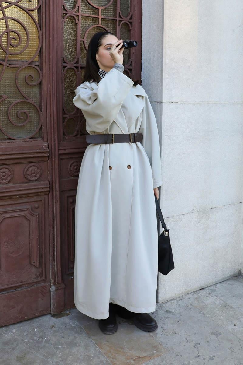 Oversize Vintage Trençkot Açık Gri