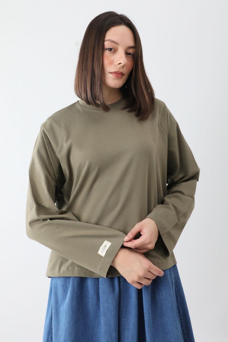 Pamuklu Uzun Kollu Tişört Haki