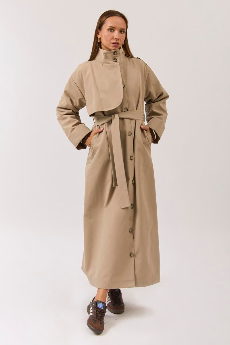 Pamuklu Yüksek Yaka Düğmeli Trençkot Bej