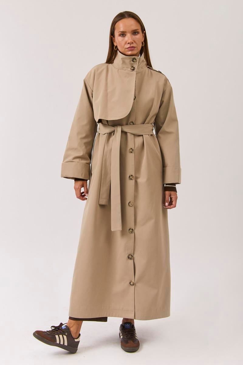 Pamuklu Yüksek Yaka Düğmeli Trençkot Bej