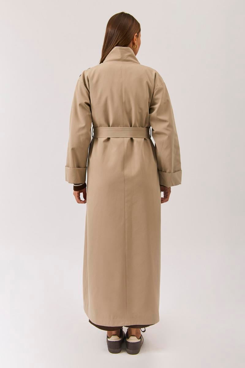 Pamuklu Yüksek Yaka Düğmeli Trençkot Bej