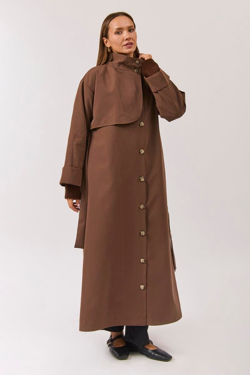 Pamuklu Yüksek Yaka Düğmeli Trençkot Kahverengi