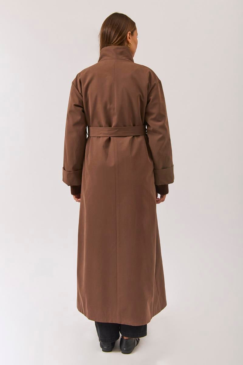 Pamuklu Yüksek Yaka Düğmeli Trençkot Kahverengi