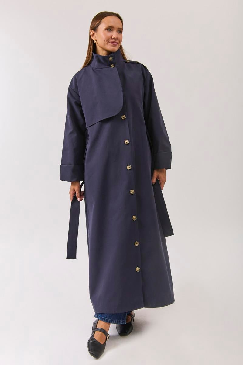 Pamuklu Yüksek Yaka Düğmeli Trençkot Lacivert